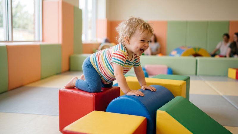 Toddler Developing Motor Skills on Soft Play Blocks