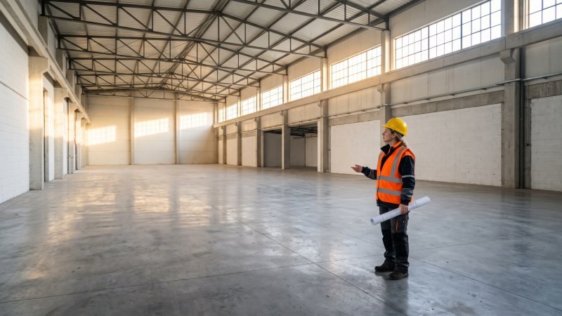 Architect inspecting empty commercial warehouse with high ceilings