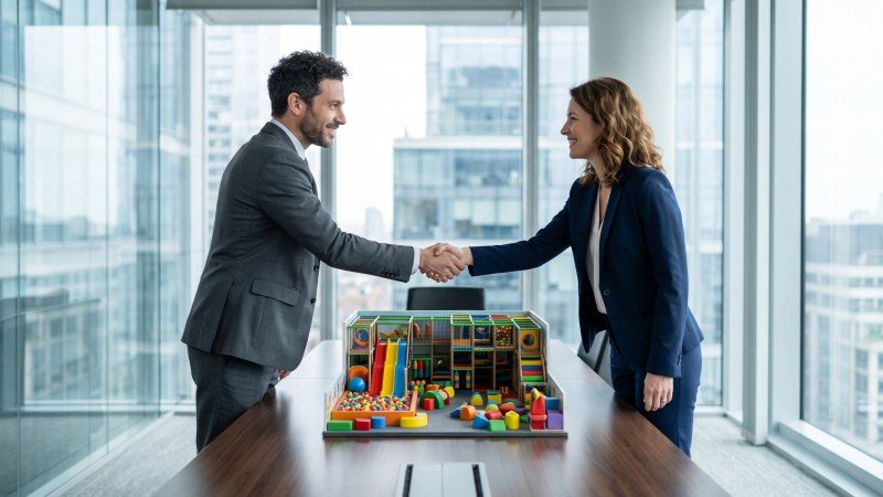 Business handshake over a miniature indoor playground model