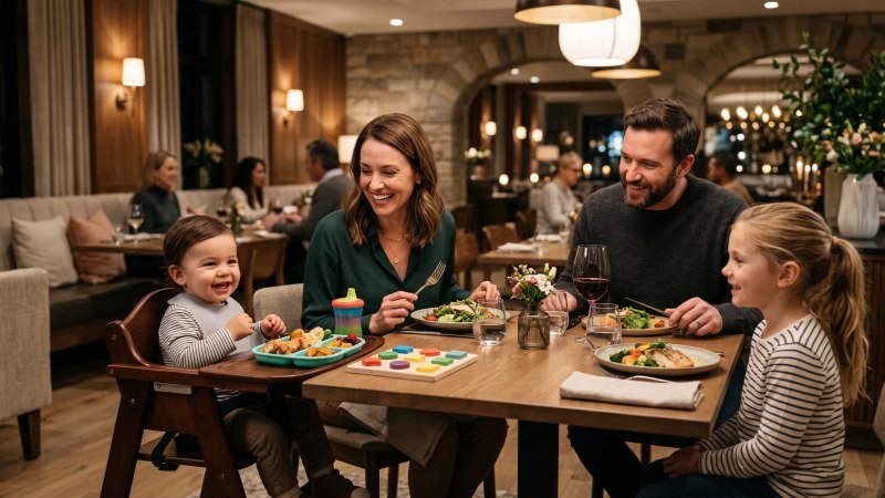 Family Enjoying Healthy Kids Meals At Hotel Restaurant