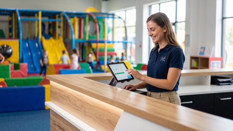 Friendly staff member using tablet POS at indoor playground reception