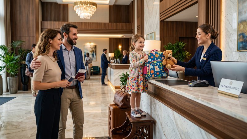 Happy Family Checking Into Hotel With Kids Welcome Pack