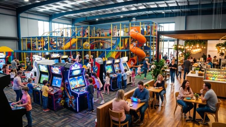 Modern family entertainment center busy with kids and parents
