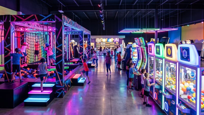 Ninja obstacle course and modern arcade machines in entertainment center