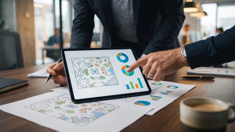 Professional analyzing business plan and blueprints for indoor park