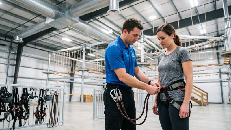 Safety Instructor Harnessing Guest at Adventure Park