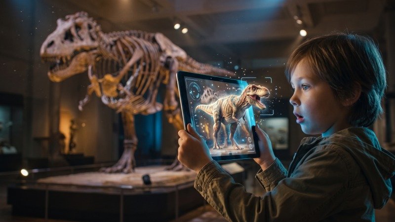 Child Interacting With Dinosaur Augmented Reality
