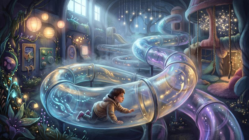 Child Navigating a Magical Tube Maze