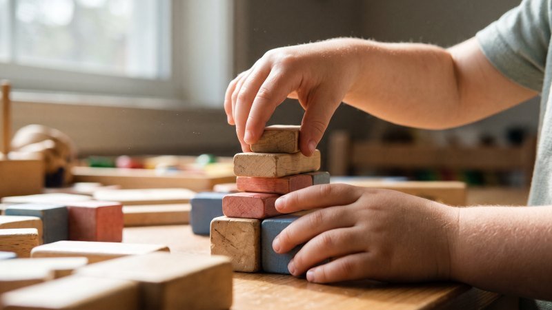Hands Carefully Balancing Wooden Blocks