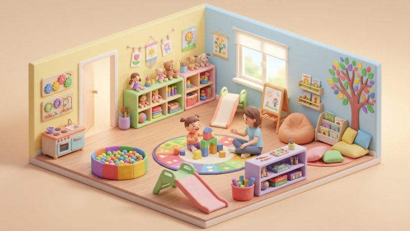 Happy Child Building Blocks in Therapy Room