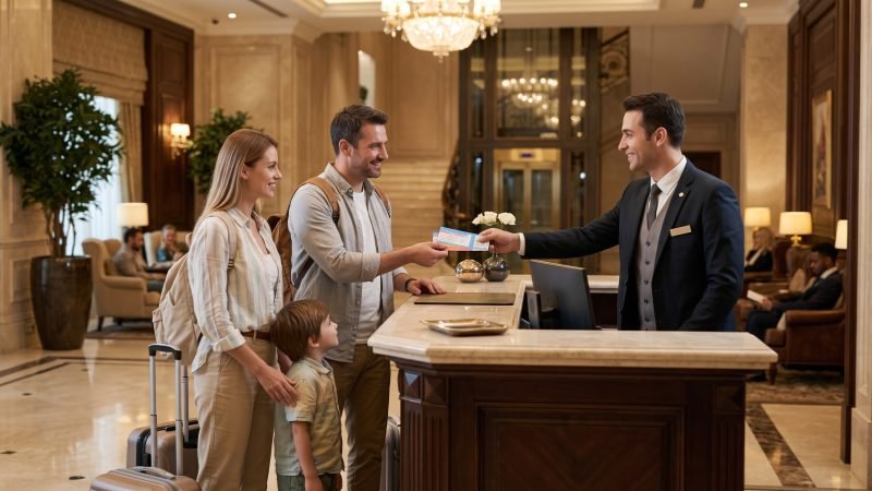 Hotel Concierge Handing Museum Tickets To Family