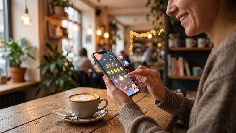 Person Checking Phone Review Rating In Cozy Cafe