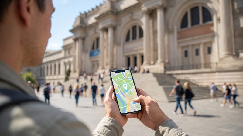 Tourist Using Smartphone Map App Outside Museum